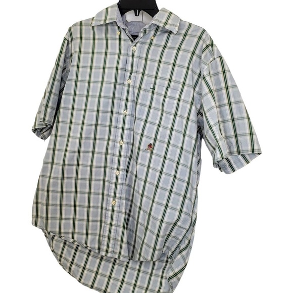 2/$30 Tommy‎ Hilfiger Green Plaid Short Sleeve Button Up Shirt 100% Cotton  Med - Picture 1 of 15